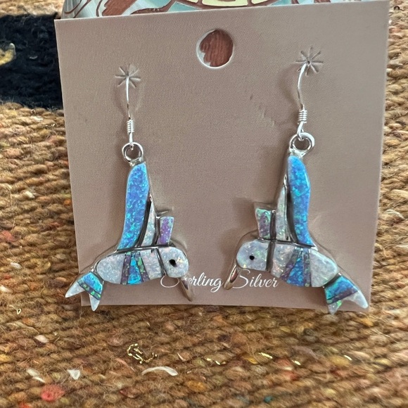 ❤️ Signed Zuni Opal Inlay Native American Sterling Hummingbird Earrings 9.2Gm - Picture 2 of 11